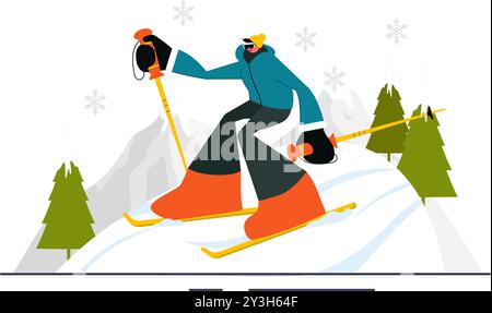 Skiing Vector Illustration featuring Skiers Sliding Down a Mountain at a Ski Resort in Flat Winter Sports Activities Style Cartoon Background Stock Vector