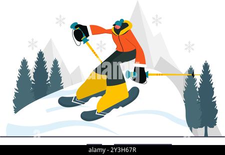Skiing Vector Illustration featuring Skiers Sliding Down a Mountain at a Ski Resort in Flat Winter Sports Activities Style Cartoon Background Stock Vector