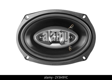 Music and sound - Front view car three way speaker isolated on a white background. The worker of paths is present Stock Photo