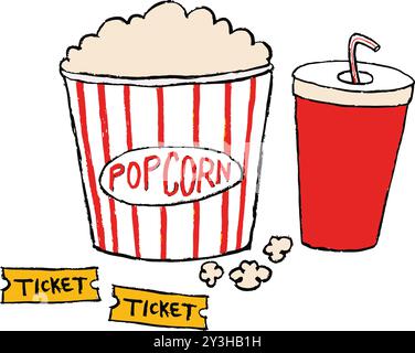 hand drawn illustration of popcorn and soda, movie tickets Stock Vector