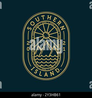 Island or Beach Logo Vector Illustration. Island Exclusive Logo Template. Beach Logo Badge. Sun, Sea and Mountain Logo Concept Inspiration Stock Vector