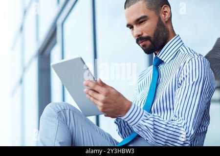 City, reading or business man on tablet for online update, building research or review zoning laws. Digital technology, scroll or worker outdoor to Stock Photo