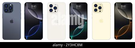 Iphone 16 pro max set mockup. Back and front side of the phone. Deep Black Titanium, white, golden Mock-up screen iphone. High Quality. Official prese Stock Vector