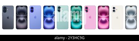 Black, Blue green, pink, white Iphone 16 SE, plus mockup. Editorial Stock Vector