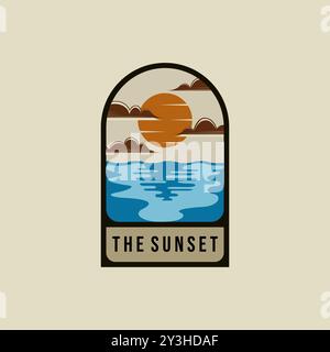 Sunset Logo Vector Illustration Design. Sunrise Vintage Logo badge. Sunset on the Beach Creative Logo Concept Inspiration Stock Vector