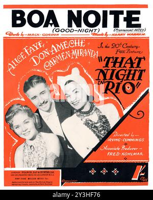 Vintage UK sheet music for the song Boa Noite (Good Night), words by Mack Gordon, lyrics by Harry Warren. From the 1941 20th Century Fox movie That Night In Rio, starring Alice Faye, Don Ameche and Carmen Miranda. Directed by Irving Cummings. Stock Photo