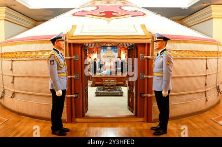 Vladimir PUTIN (President of Russia) with Ukhnaagiin Khurelsukh (President of Mongolia), visit to Mongolia from September 2nd to 3rd, 2024 Official visit to Mongolia Vladimir Putin has paid an official visit to Mongolia at the invitation of President of Mongolia Ukhnaagiin Khurelsukh. Photo:The Kremlin Moscow via Stock Photo