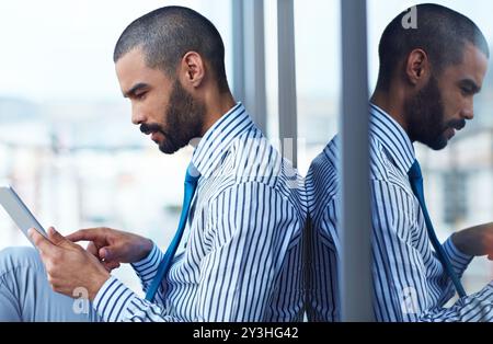 City, research and business man on tablet for online update, building or review zoning laws. Digital technology, scroll and worker outdoor to map Stock Photo