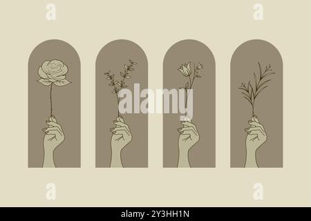 Exclusive Set of Hand drawn vector design. Set of hand holding flowers in feminine style. Vector design for tattoo, wedding, florists, home decor Stock Vector