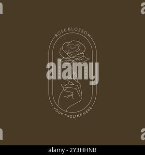 Hand Drawn Feminine Rose and Hand Logo Vector Illustration. Creative logo design in feminine style. Floral logo template for fashion blogger Stock Vector