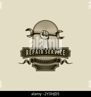 Mechanic logo vector illustration in vintage style, car repair service logo concept. Hand drawn vintage logo for automotive service workshop Stock Vector
