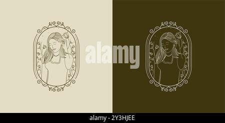 Feminine line art woman logo design. Feminine logo concept with floral and woman element. Beauty hand drawn logo design Stock Vector