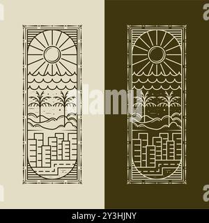 Creative vintage portrait logo design. City landscape logo template illustration in line art style. Beach, Palm and city illustration badge logo Stock Vector