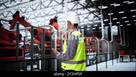 Worker In Automotive Car Factory Using Tablet Stock Photo