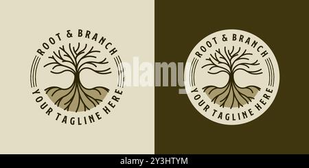 Tree logo badge illustration design. Creative tree logo badge with branch and root on soil element Stock Vector