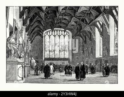 An old engraving of Parliament Hall at Parliament House, Edinburgh, Scotland, UK in the 1600s. It is from a Victorian history book of c.1900. Parliament House, located in the Old Town in Edinburgh, is a complex of several buildings housing the Supreme Courts of Scotland. The oldest part of the complex was home to the Parliament of Scotland from 1639 to 1707, and is the world’s first purpose-built parliament building. Parliament Hall, measuring 122 feet (40 m) by 49 feet (12 m), was used as the parliamentary chamber during sessions of parliament, and by the Court of Session at other times. Stock Photo