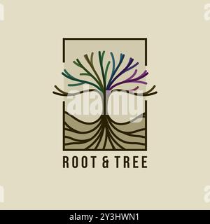 Line art tree logo with colorful design. Tree logo design with branch and root element. Tree design that grows above the ground Stock Vector
