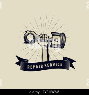 Mechanic Logo Vector In Vintage Stye with Sunburst Element. Arm Holding Piston Auto Repair, Auto Service Logo Concept Stock Vector
