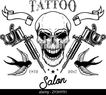 Tattoo studio emblem template. Crossed tattoo machine, skull, roses. Design element for logo, label, sign, poster, t shirt. Vector illustration Stock Vector