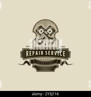 Mechanic logo vector illustration in vintage style, car repair service logo Design with Piston Element. Hand drawn vintage logo for automotive service Stock Vector