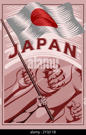 Japan Flag Poster Vector Illustration. Hands Holding Tight The National Flag Of Japan. Nisshōki, Hinomaru or Flag of Japan Vector Poster Stock Vector