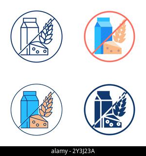 Allergen free food icon set in flat and line style. No lactose and gluten. Vector illustration, editable stroke Stock Vector