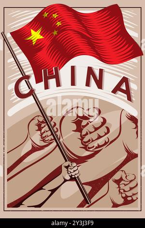 National flag of china poster design. Arms holding chinese flag poster illustration in vintage style. Stock Vector