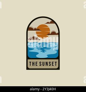 Sunset Logo Vector Illustration Design. Sunrise Vintage Logo badge. Sunset on the Beach Creative Logo Concept Inspiration Stock Vector