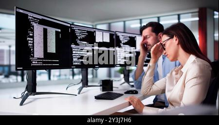 Unhappy Sad Developer Programmers In Stress Coding Software On Computer Stock Photo