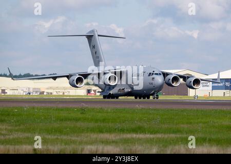 Royal Canadian Air Force  Boeing C-17 Globemaster III 177705 of 429 Squadron arrives at RAF Fairford airbase for the RIAT Stock Photo