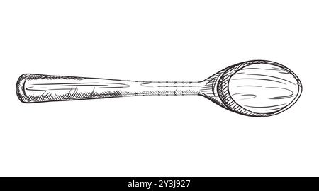 Vector illustration with wooden spoon texture. Kitchen utensils, tools, dishes, home decor. Retro old cutlery Hand drawn illustration in line art styl Stock Vector