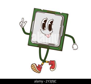 Cartoon groovy computer chip processor retro character. Isolated vector vintage nostalgic tech anthropomorphic personage with cheerful face, sticking its tongue out and raising hand in pointing sign Stock Vector