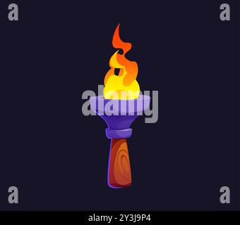 Cartoon torch with burning fire. Isolated vector medieval, fairy tale or pirate game asset, gui element. Ancient portable flaming torchlight, lighting flambeau lantern on wooden pole handle with blaze Stock Vector