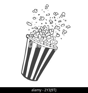 Contour popcorn icon. Hand drawn cartoon illustration of food in cinema. American symbol of snack in doodle style. Large paper cup striped to the top Stock Vector