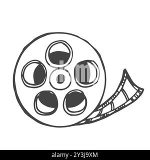 Vector illustration of a reel with film strip. Doodle. Isolated on white Stock Vector