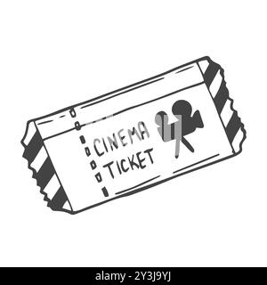 Two cinema tickets isolated on white background. Flat hand drawn cinema ticket. Sketch icon movie entrance ticket. Template admission pass mockup or p Stock Vector