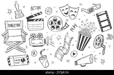 Hand drawn doodle Cinema set. Vector illustration. Movie making icons. Film symbols collection. Cinematography freehand elements: camera, film tape, p Stock Vector