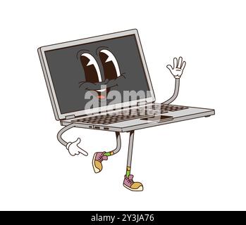 Cartoon groovy laptop computer retro character with funny face, vector funky comic. Groovy freaky laptop notebook with happy smile walking on positive vibes and good mood for groovy emoji Stock Vector