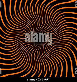 Psychedelic hypnotic Halloween spiral pattern with hypnosis swirls, vector background. Hypnotic spiral tunnel with optical illusion effect of Halloween orange black lines on psychedelic wormhole warp Stock Vector