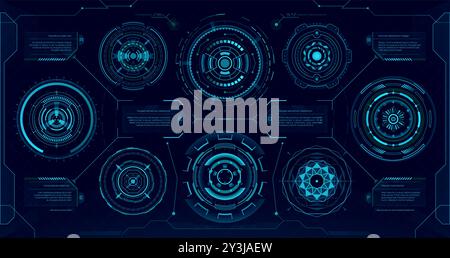 Circular futuristic digital HUD elements, sci fi ui interface. Vector blue neon heads up display holograms, high-tech components, advanced user interface graphics. Advanced innovation technology Stock Vector
