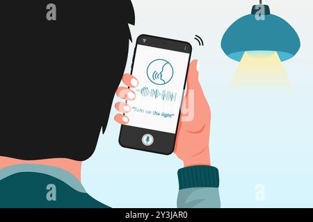 Man gives a voice command to a smart home application on his smartphone to turn on the light. Vector illustration. Stock Vector