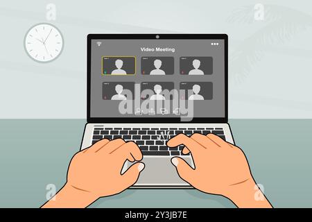 Man using a laptop for online meeting or learning with video conference. Vector illustration. Stock Vector
