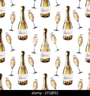 Seamless pattern disco mirror ball New Year's Eve, champagne bottle and glass. Mosaic style vector Stock Vector