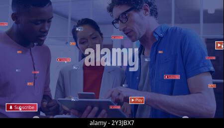 Image of icons and data processing over diverse business people using tablet Stock Photo