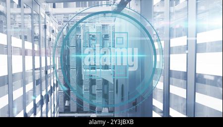 Image of qr code icon and digital data processing over computer servers Stock Photo