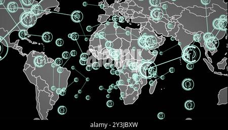 Image of network of connections with icons and world map over black background Stock Photo