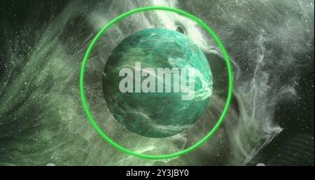 Image of colourful shapes over planet on sky with stars Stock Photo