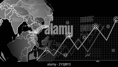 Image of financial data processing and globe over black background Stock Photo
