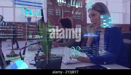 Image of diagrams and data processing over diverse colleagues using phone headsets in office Stock Photo