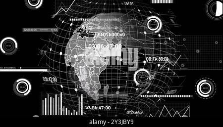 Image of financial data processing and globe over black background Stock Photo